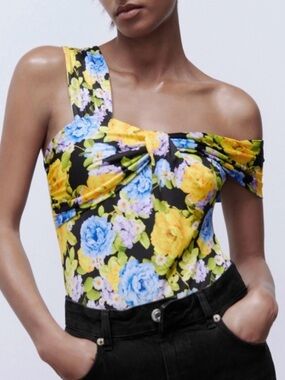 Zara One-Shoulder Floral Twist Bodysuit in Black, Yellow & Blue